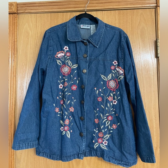 national Jackets & Blazers - Vintage Denim Jacket with Red Floral Embroidery